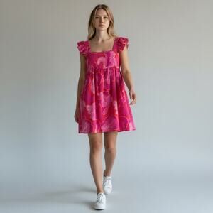 Ro's Garden Elizabeth Pink Floral Babydoll Mini Dress Sz Medium Resort Boho Chic